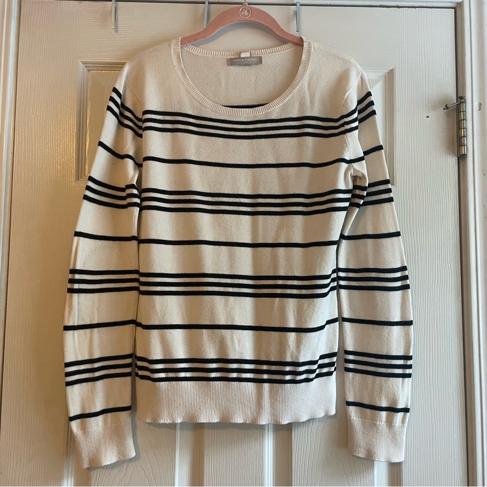 Banana Republic Size Small Off White Black Striped Elbow Patch Sweater